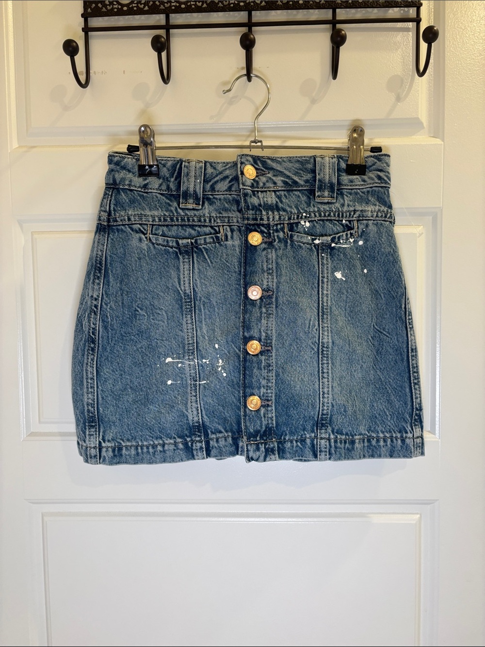 Free People We The Free Denim Mini Skirt Paint Splatter Button Front Size 24